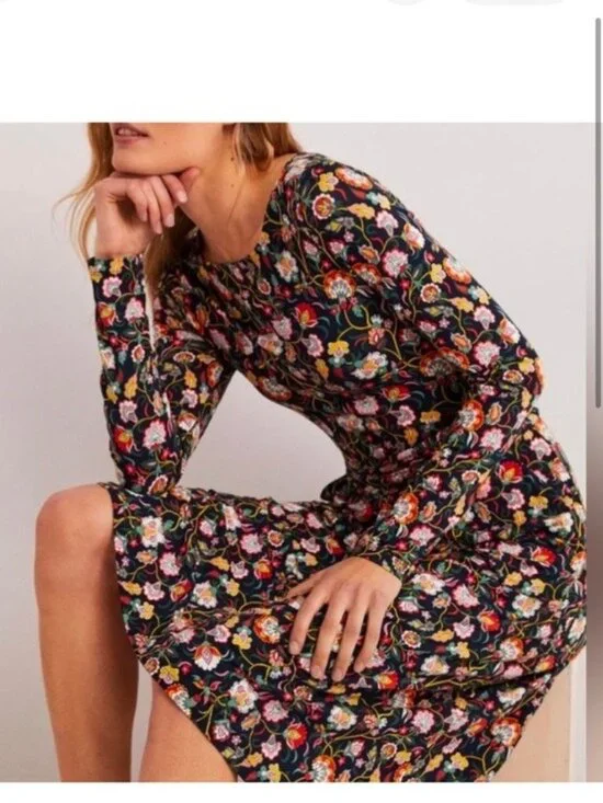Boden Abigail Jersey Midi Dress Navy Floral Ruched Waist Size 8 Elegant - Picture 2 of 13